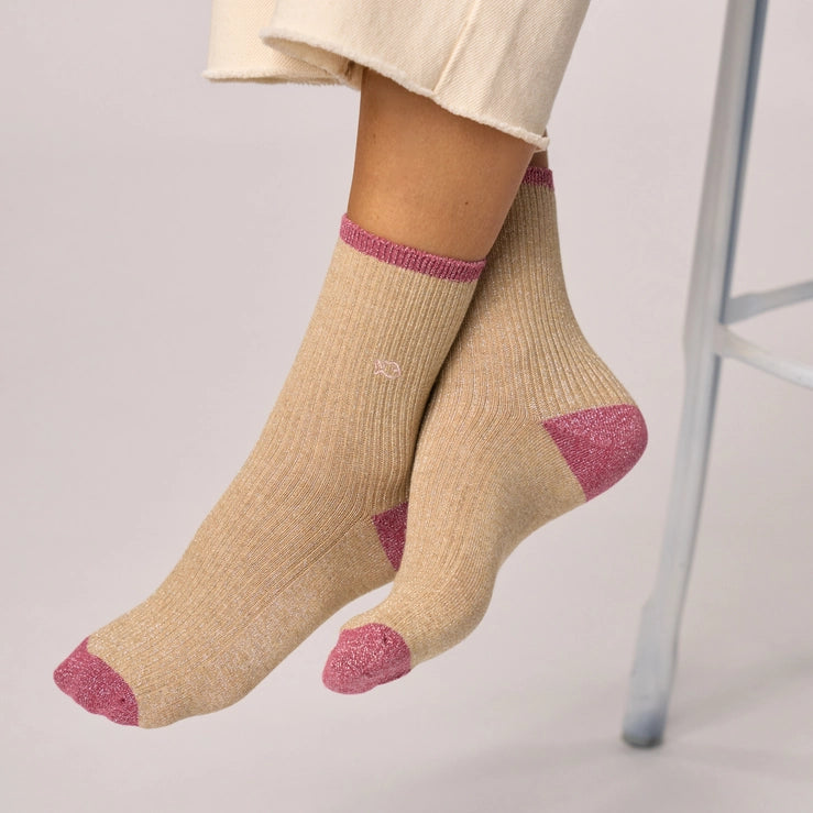 Combed Cotton Sparkly Socks, Beige