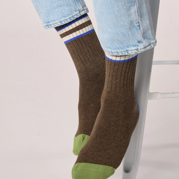 Combed Cotton Socks, Brown, Ivory Stripe