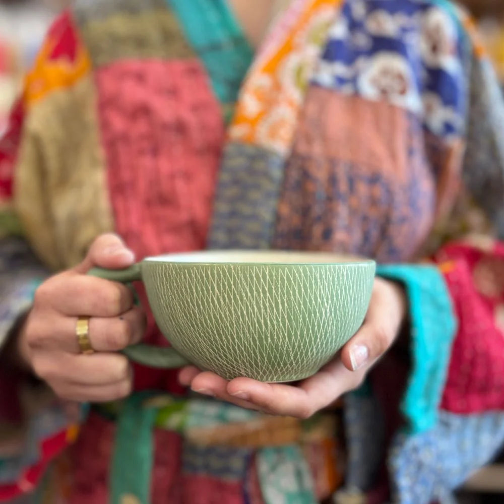 Crosshatch Stoneware Latte Mug, Jade
