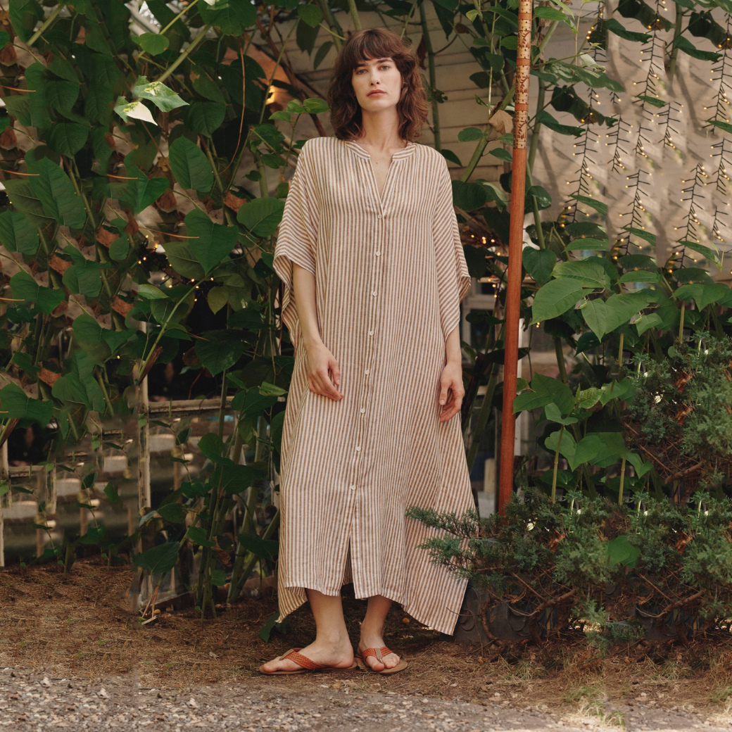 Bronze & White Stripe Linen Beach Dress