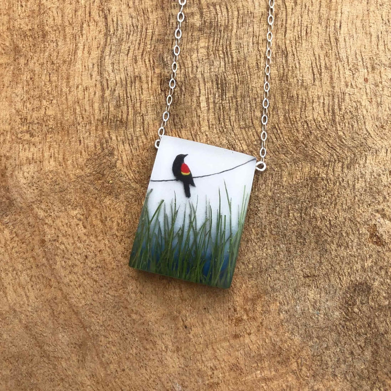 Red Winged Blackbird Painted Necklace