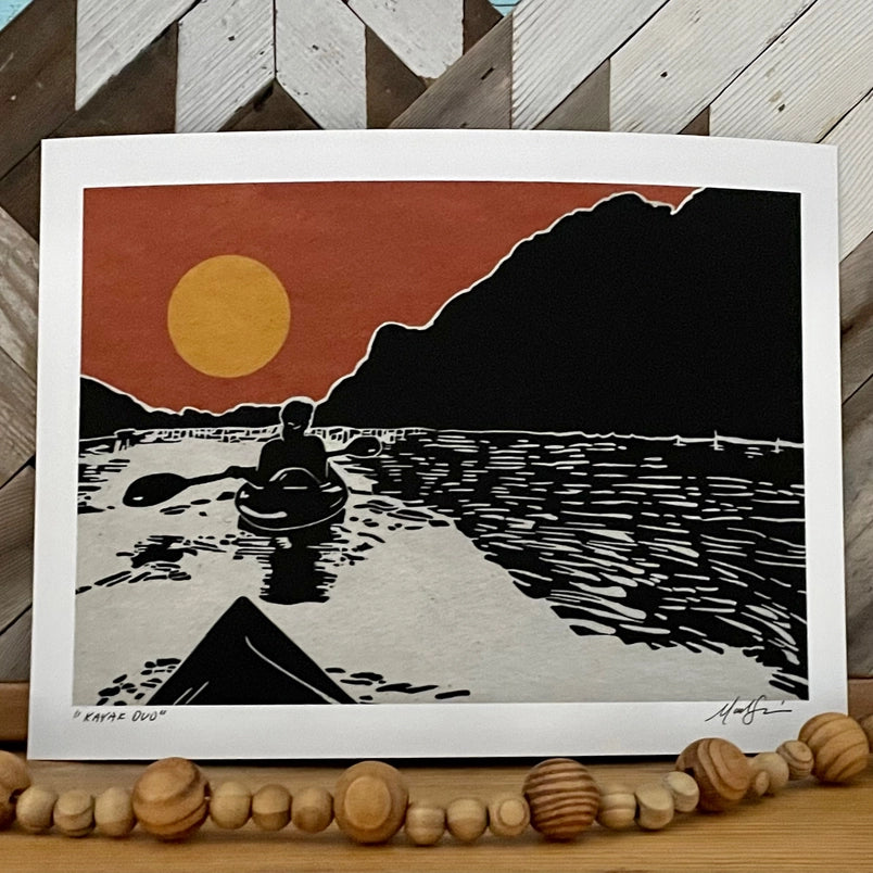 Kayak Duo Orange, Linocut Print, 12x9"