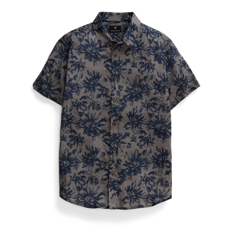 Short Sleeve Linen Button Down, Blue Flower Print850058282237