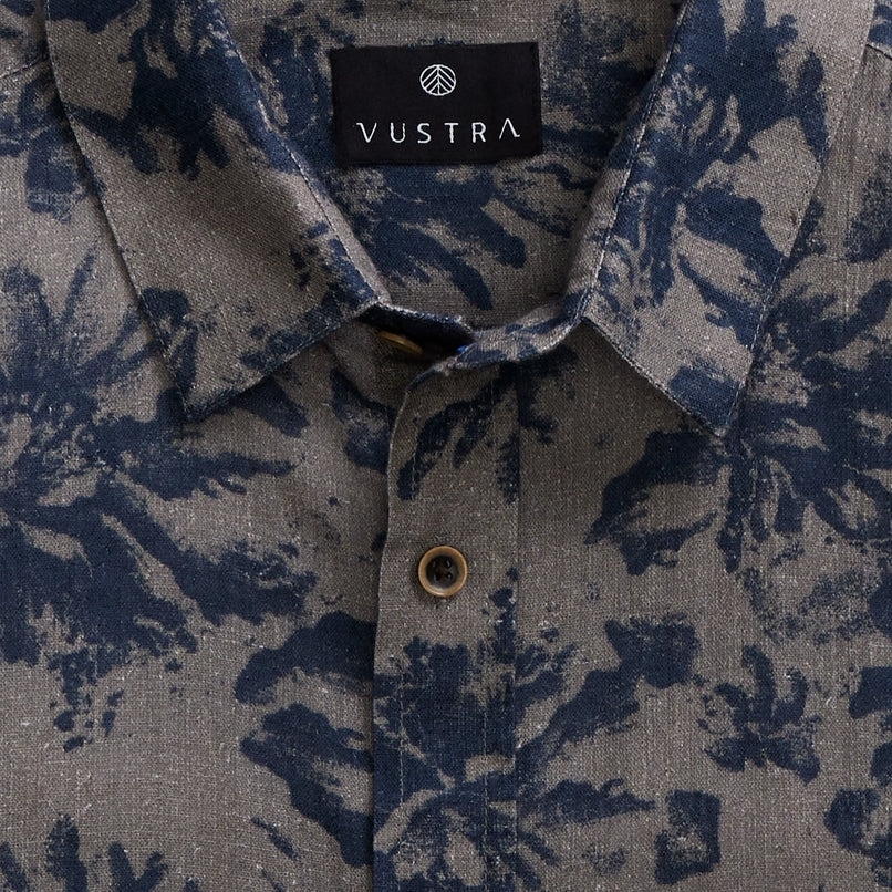 Short Sleeve Linen Button Down, Blue Flower Print