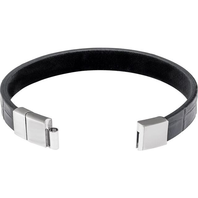 Black Leather & Stainless Steel Bracelet