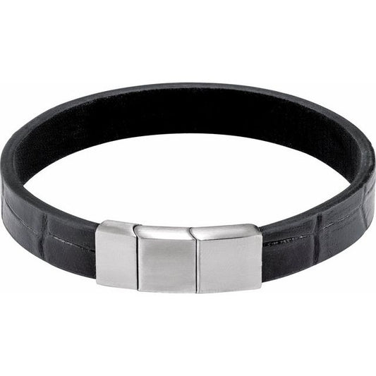 Black Leather & Stainless Steel Bracelet