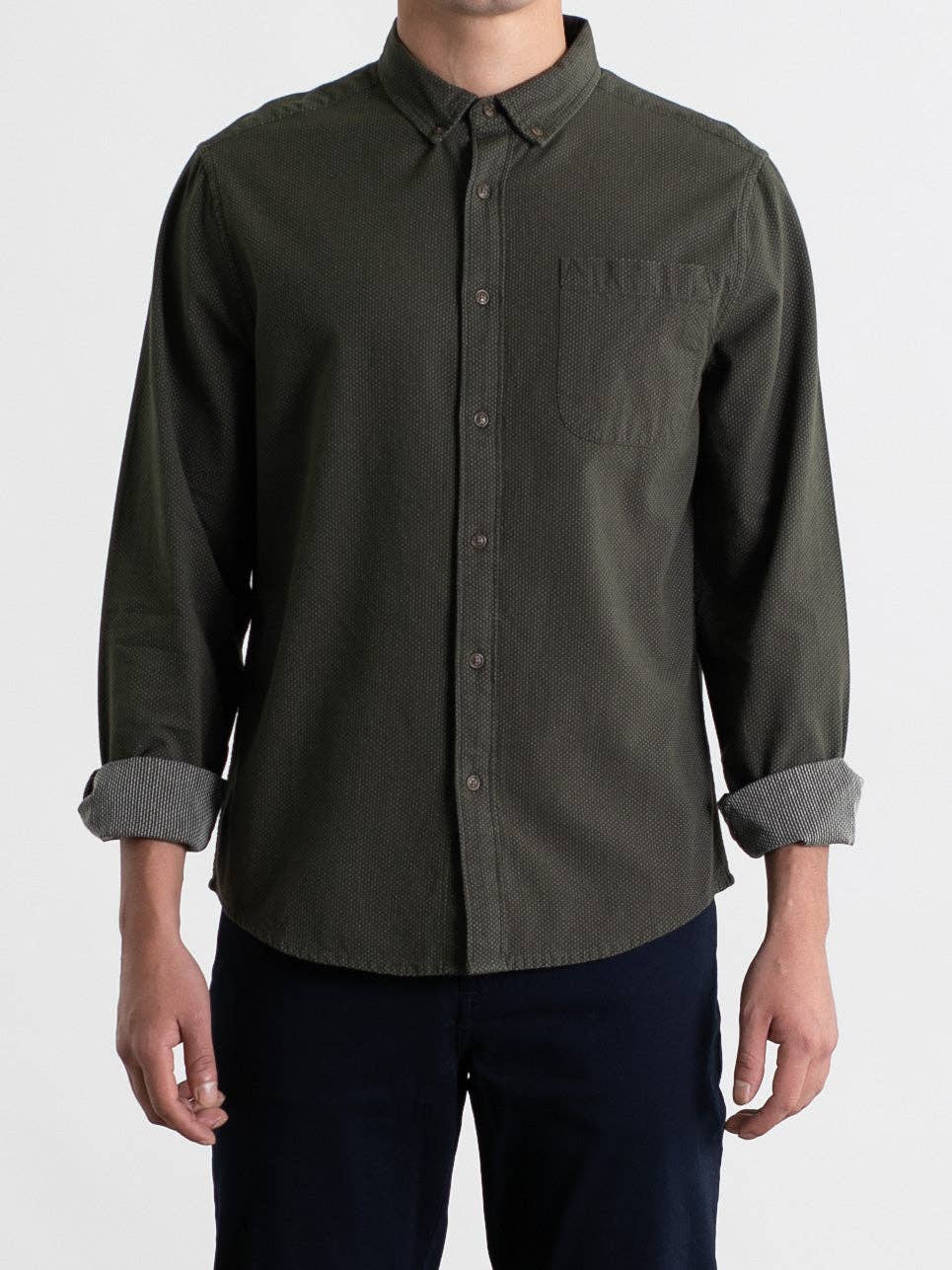 Sutton Slim Shirt in Dark Olive Dobby