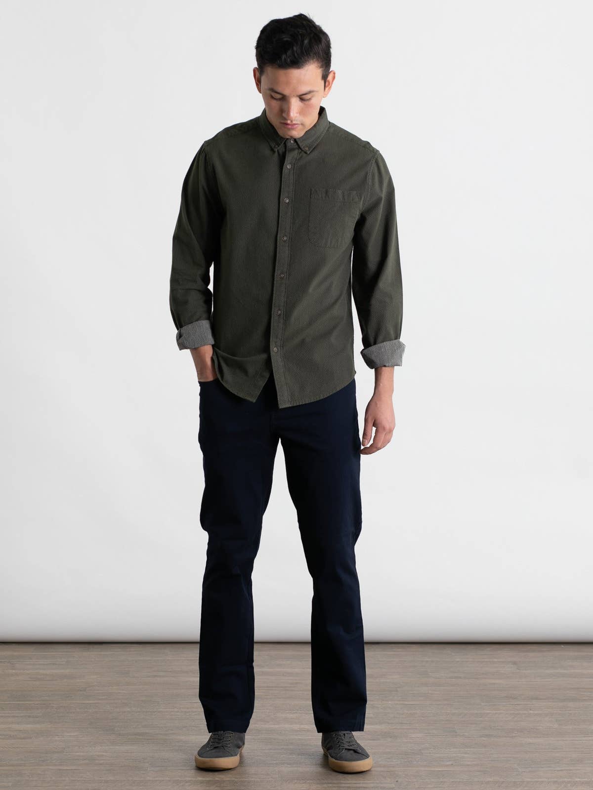 Sutton Slim Shirt in Dark Olive Dobby