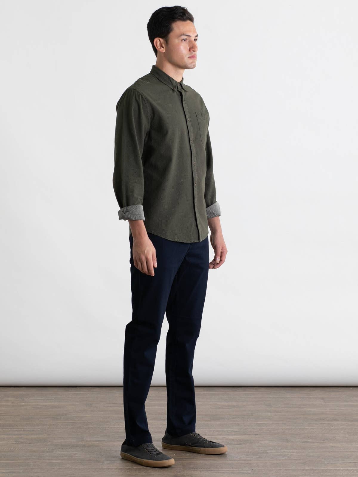 Sutton Slim Shirt in Dark Olive Dobby