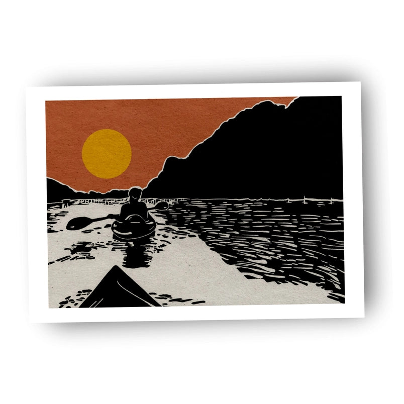 Kayak Duo Orange, Linocut Print, 12x9"
