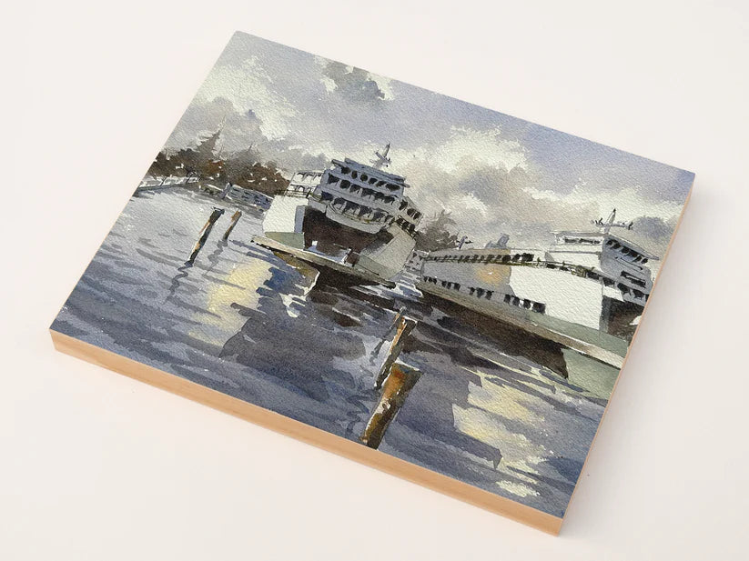 "Docked Ferries" Woodblock, 11x14