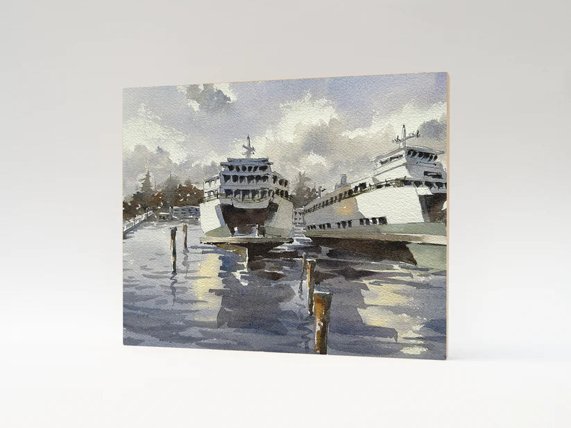 "Docked Ferries" Woodblock, 11x14