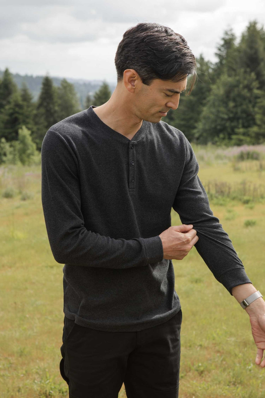 Recycled Waffle Henley Shirt in Charcoal Melange