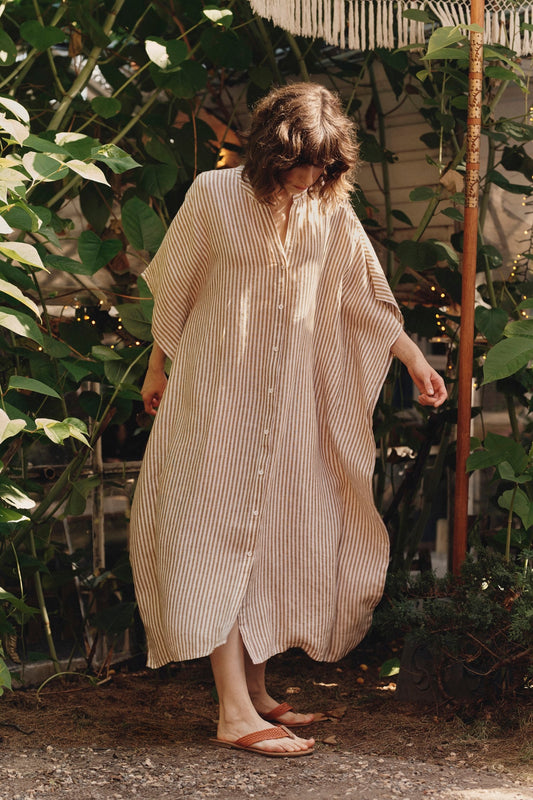 Bronze & White Stripe Linen Beach Dress