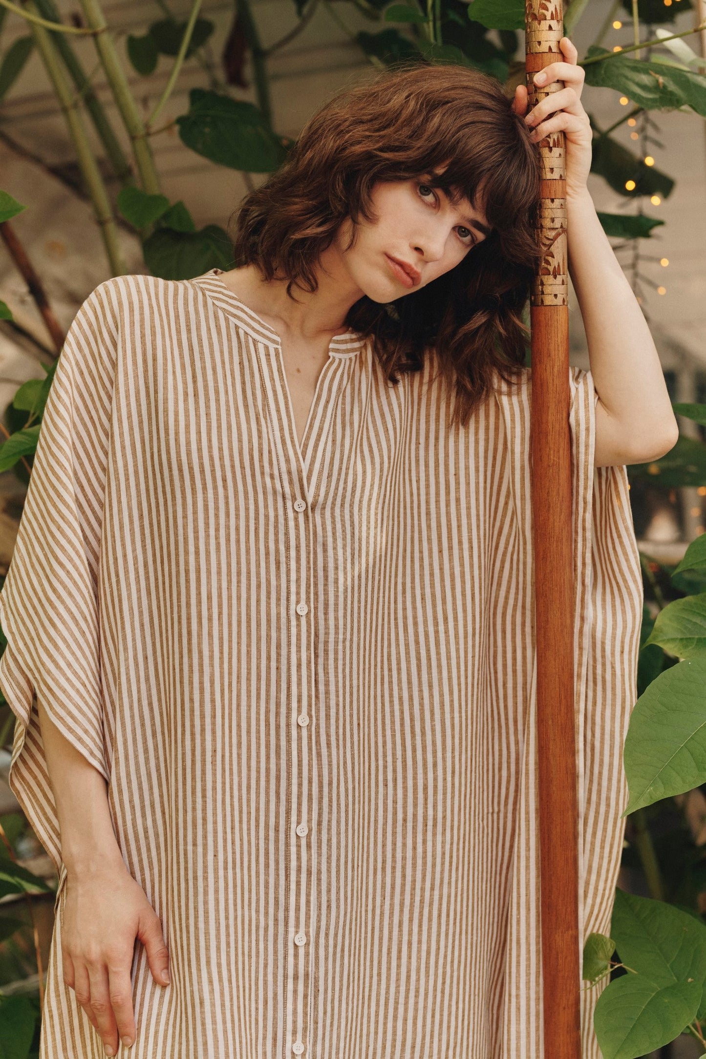 Bronze & White Stripe Linen Beach Dress
