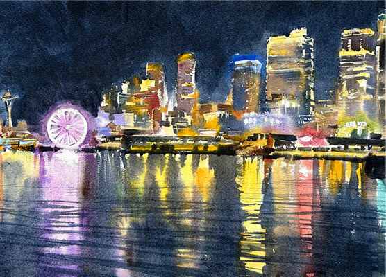 "Good Night Seattle" Woodblock, 11x14