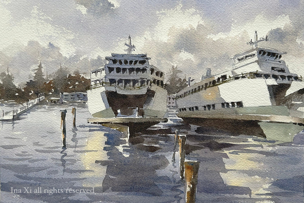 "Docked Ferries" Woodblock, 11x14
