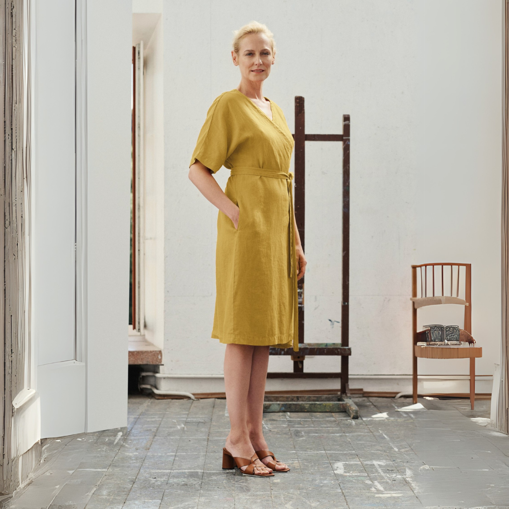 Lemon Curry Linen Vine Dress, One Size