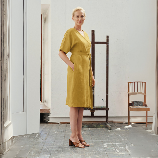 Lemon Curry Linen Vine Dress, One Size