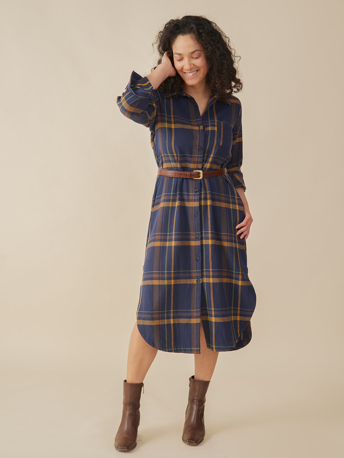 Sutton Shirtdress, Navy Yellow Plaid