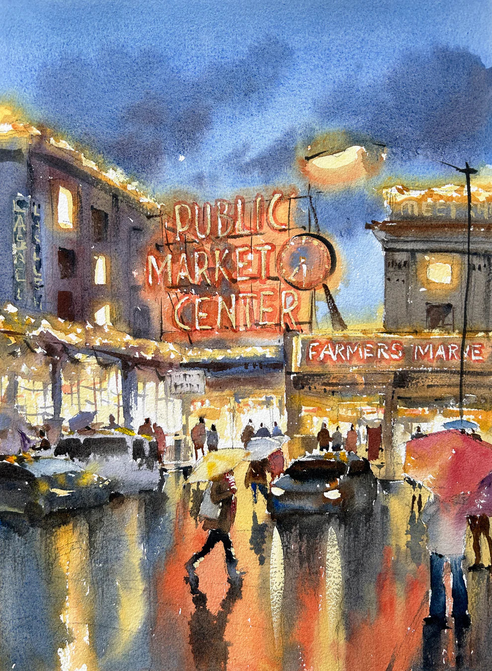 "Pike Place Nightfall" Woodblock, 11x14
