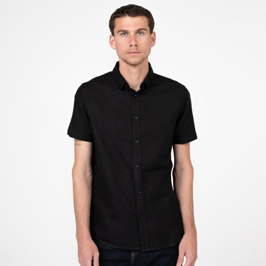 Short Sleeve Cotton/Linen Button Down, Black