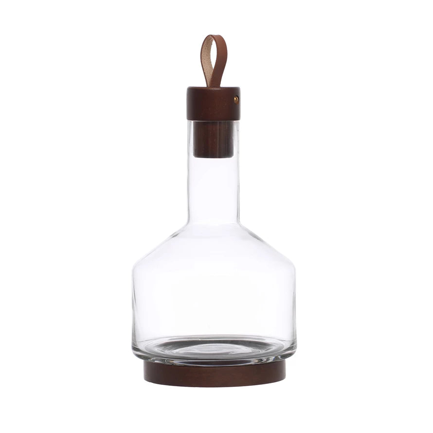 Glass Decanter w/ Acacia Wood Base, Stopper & Leather Pull