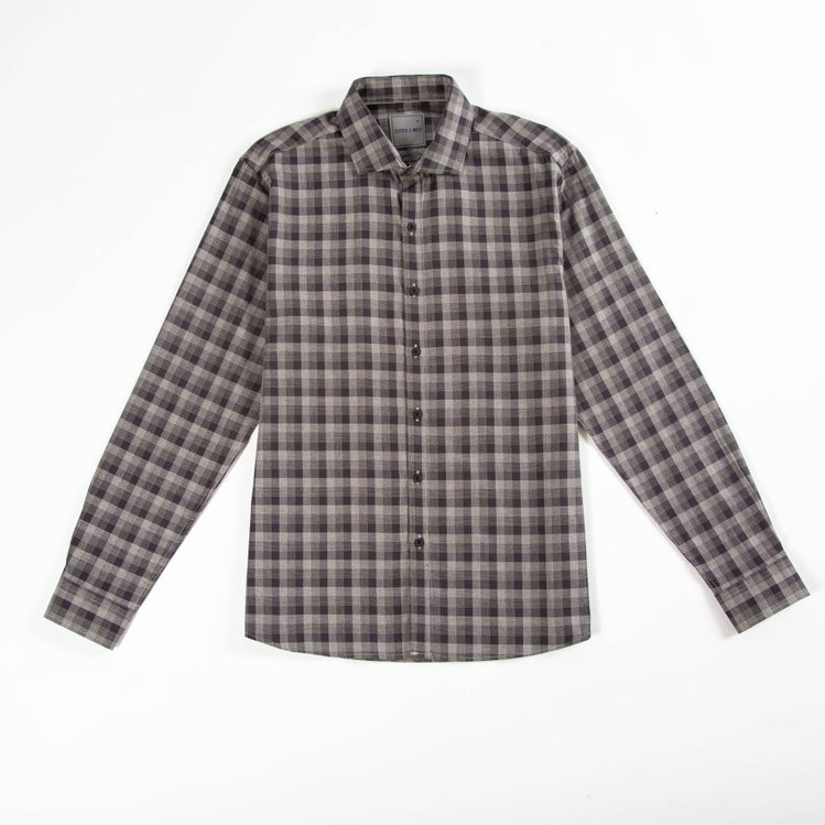 Monochrome Plaid Long Sleeve Woven Shirt, Smoke