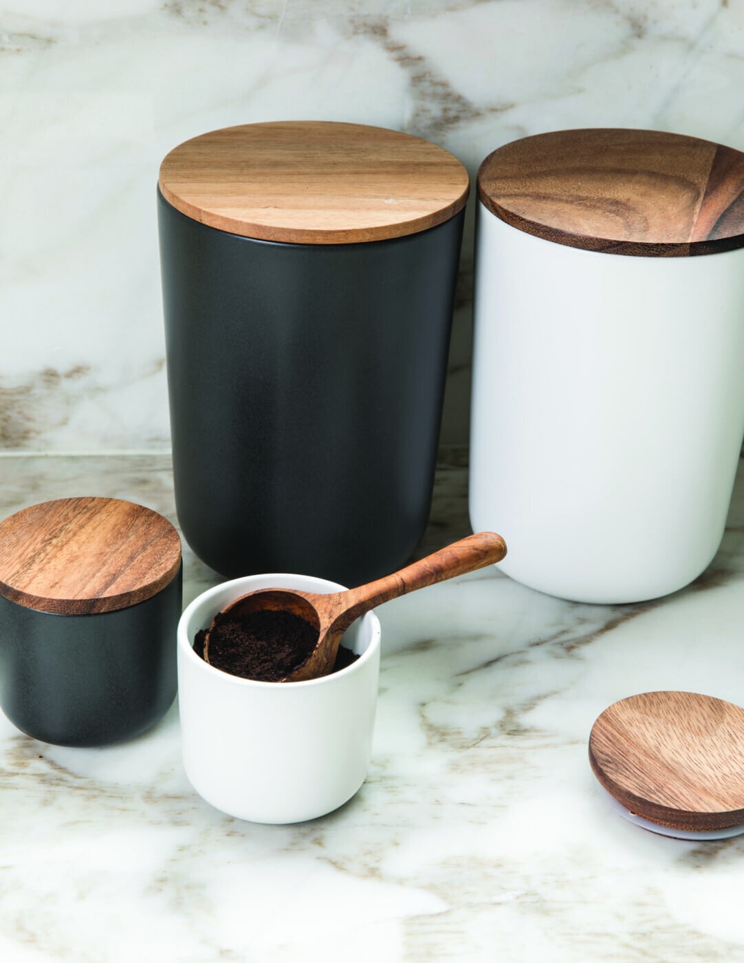 Stoneware + Acacia Container, Large, Black