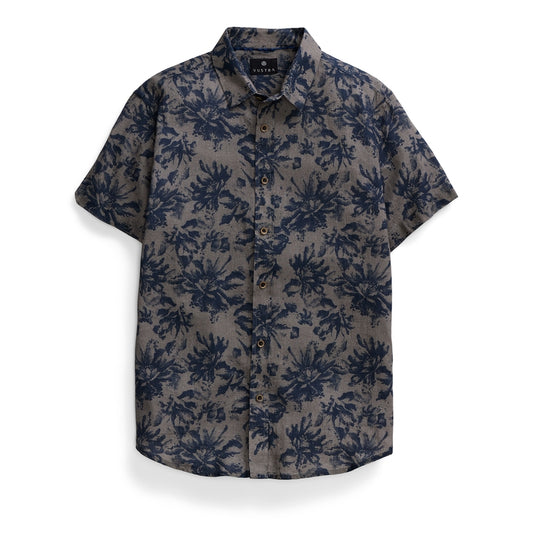 Short Sleeve Linen Button Down, Blue Flower Print