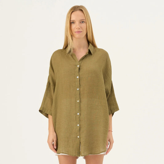 Linen Oregano Shirt - Olive Khaki
